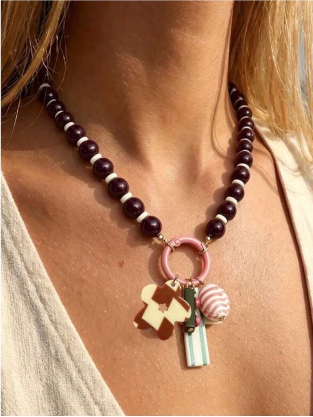 New! Coastal Boho Y2K Brown Beaded Cross Charm Necklace NWOT (4024)
